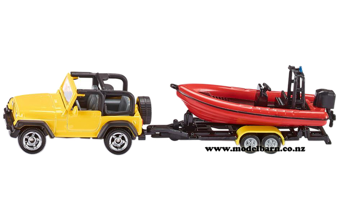 Jeep Wrangler (yellow) with Trailer & Boat (red, 165mm)