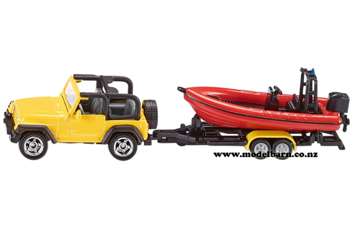 Jeep Wrangler (yellow) with Trailer & Boat (red, 165mm)