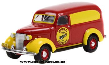 1/64 Chev Panel Van (1939, red & yellow) "Shell Gasoline"-chevrolet-and-gmc-Model Barn