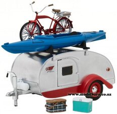 1/24 Tear Drop Camping Trailer (1947, grey & red) & Accessories-motorhomes,-campervans-and-caravans-Model Barn