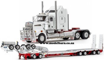 1/50 Kenworth T909 Prime Mover with Drake 2x8 Dolly & 4x8 Swingwing Low Loader Trailer Combo (White & Red)-trucks-and-trailers-Model Barn