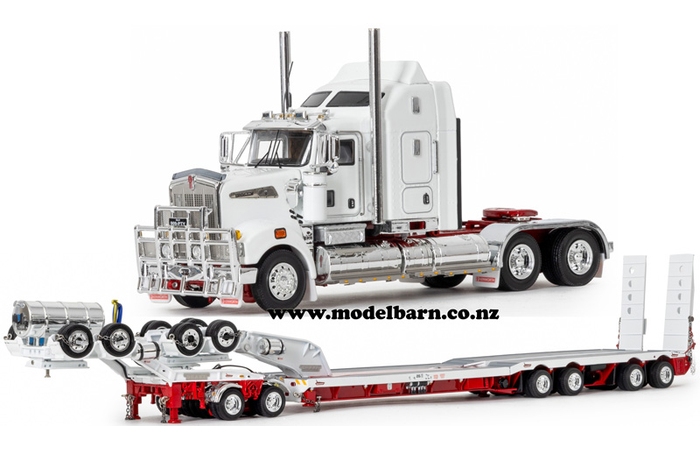 1/50 Kenworth T909 Prime Mover with Drake 2x8 Dolly & 4x8 Swingwing Low Loader Trailer Combo (White & Red)