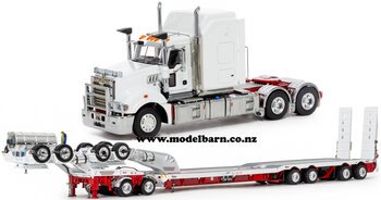 1/50 Mack Super-Liner III Prime Mover with Drake 2x8 Dolly & 4x8 Swingwing Low Loader Trailer Combo (White & Red)-trucks-and-trailers-Model Barn