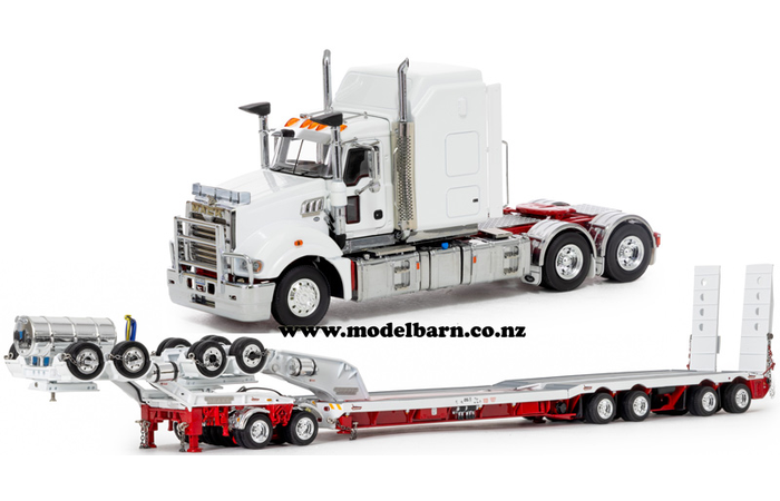 1/50 Mack Super-Liner III Prime Mover with Drake 2x8 Dolly & 4x8 Swingwing Low Loader Trailer Combo (White & Red)