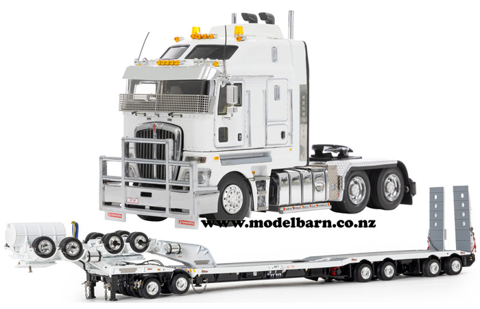 1/50 Kenworth K200 with Drake 2x8 Dolly & 4x8 Swingwing Low Loader Trailer Combo (White & Black)