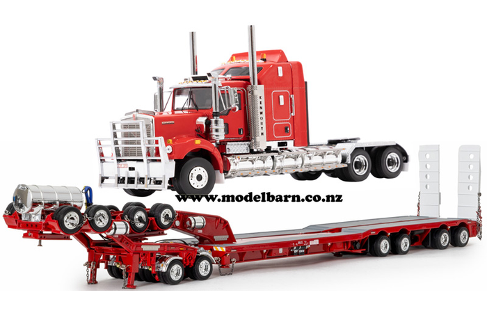 1/50 Kenworth C509 Prime Mover with Drake 2x8 Dolly & 4x8 Swingwing Low Loader Trailer Combo (Rosso Red)