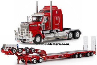 1/50 Kenworth T909 Prime Mover with Drake 2x8 Dolly & 4x8 Swingwing Low Loader Trailer Combo (Rosso Red)-trucks-and-trailers-Model Barn