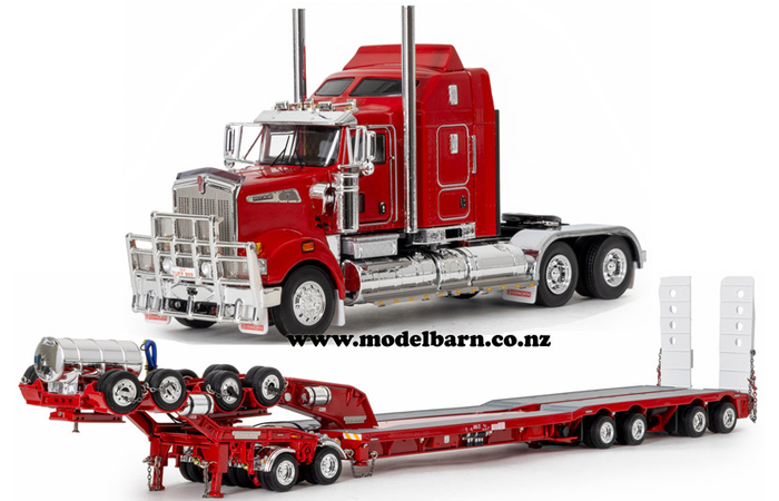 1/50 Kenworth T909 Prime Mover with Drake 2x8 Dolly & 4x8 Swingwing Low Loader Trailer Combo (Rosso Red)