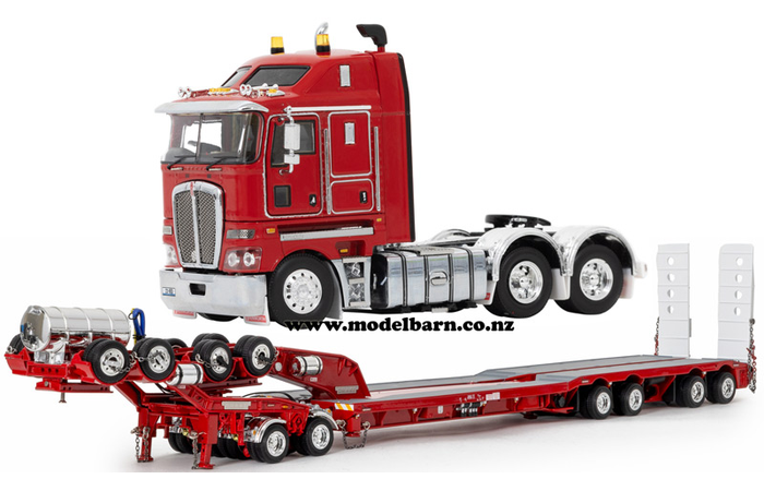 1/50 Kenworth K200 Prime Mover with Drake 2x8 Dolly & 4x8 Swingwing Low Loader Trailer Combo (Rosso Red)