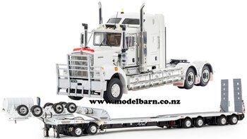 1/50 Kenworth C509 Prime Mover with Drake 2x8 Dolly & 4x8 Swingwing Low Loader Trailer Combo (White & Black)-trucks-and-trailers-Model Barn