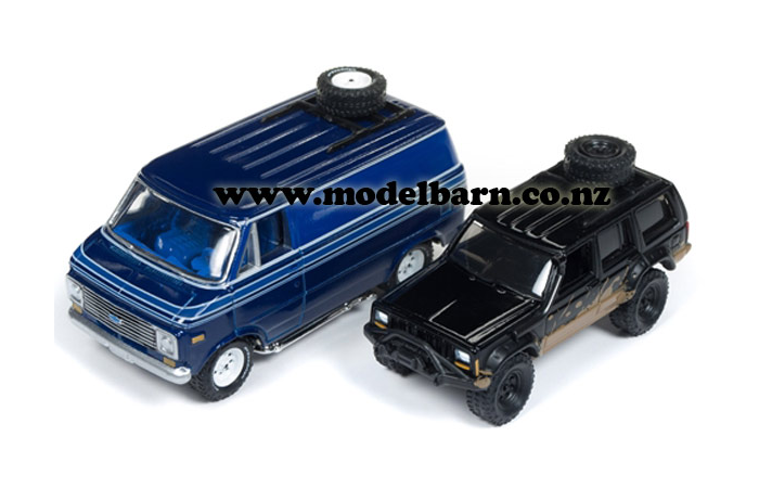 1/64 Chev G20 Van (1976, blue) & Jeep Cherokee XJ Set
