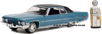 1/64 Cadillac Coupe de Ville (1972, blue) & Vintage Petrol Pump Set-vehicles-Model Barn