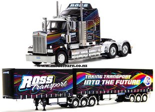 1/50 Kenworth T909 Prime Mover & Freighter Tautliner B-Double Trailer Set Combo "Ross Transport"-kenworth-Model Barn