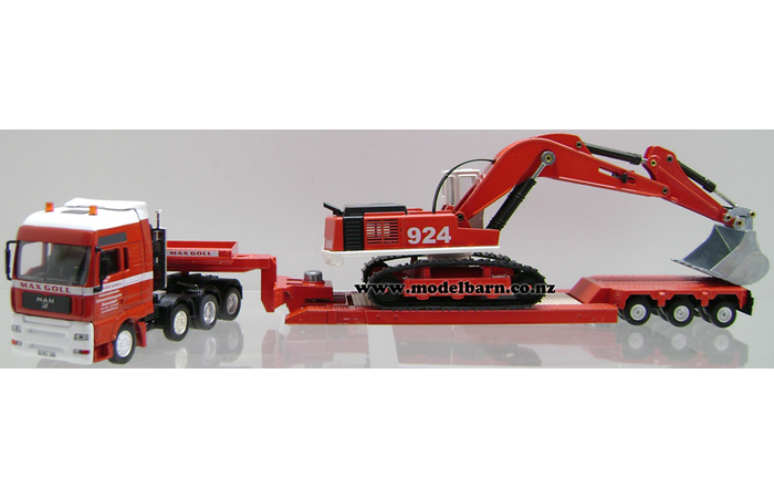 1/50 MAN with  Low Loader Trailer & Excavator (red & white) "Max Goll"
