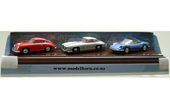 1/43 Porsche 356A Coupe (1958, red), Mercedes 300SL (1955, silver), Ferrari Dino 246GTS (1973, blue)