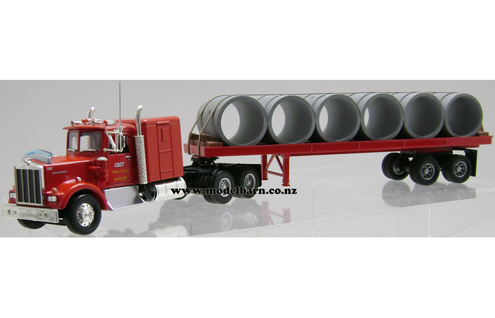 1/50 Kenworth W925 Prime Mover & Semi Flat Deck Trailer & Culvert Pipes Load "Cast"