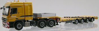 1/50 Mercedes Actros 3355 Prime Mover & 4-Axle Semi Low Loader Trailer (yellow)-mercedes-Model Barn