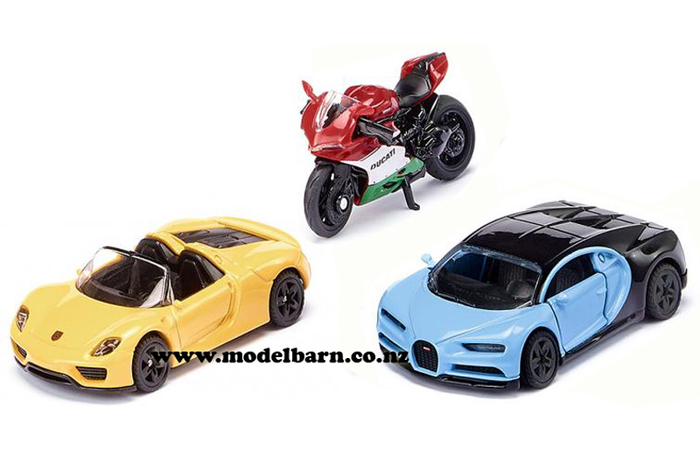 1/55 Bugatti Chiron, Porsche 918 Spyder, & Ducati 1299 Set