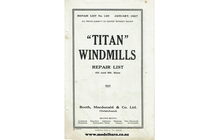 Booth Macdonald Titan Windmills Parts List Book 1927