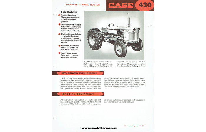 Case 430 Standard Tractor Spec Sheet Brochure 1964