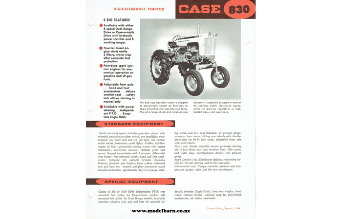 Case 830 High-Clearance Tractor Spec Sheet Brochure 1964