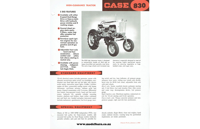 Case 830 High-Clearance Tractor Spec Sheet Brochure 1964