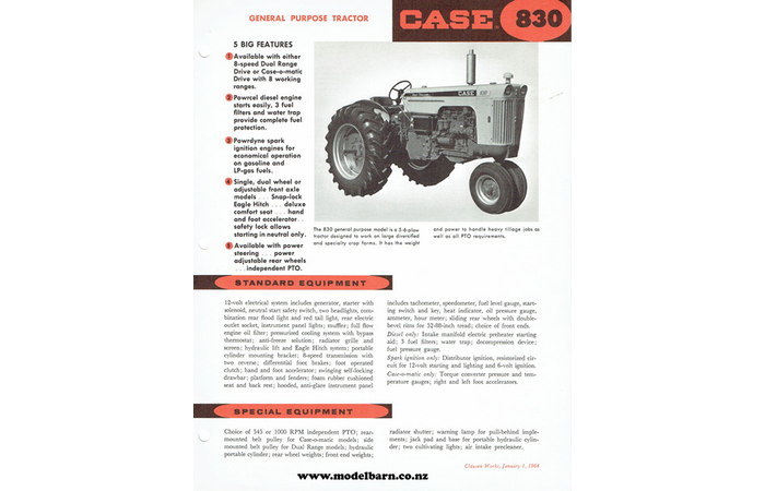 Case 830 Rowcrop Tractor Spec Sheet Brochure 1964