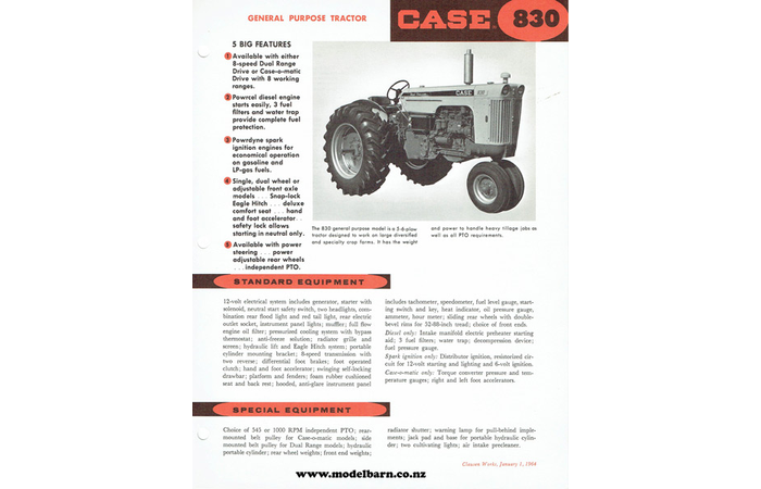 Case 830 Rowcrop Tractor Spec Sheet Brochure 1964