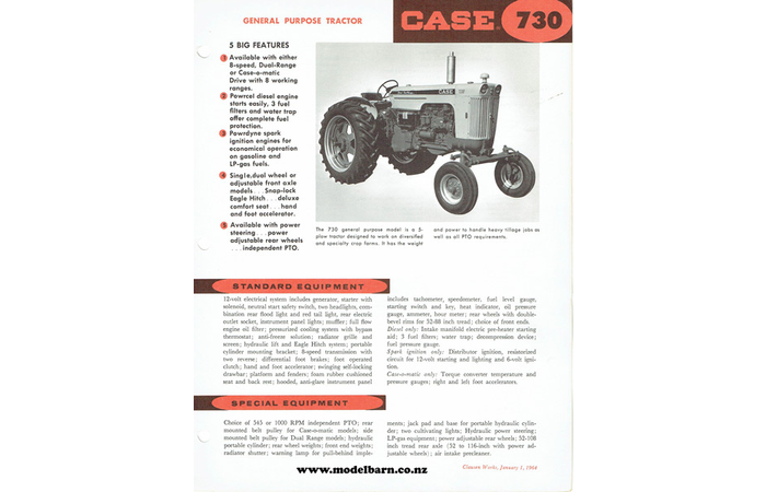 Case 730 Rowcrop Tractor Spec Sheet Brochure 1964