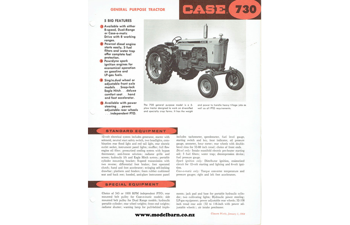 Case 730 Rowcrop Tractor Spec Sheet Brochure 1964