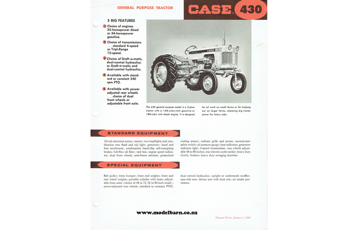 Case 430 Rowcrop Tractor Spec Sheet Brochure 1964