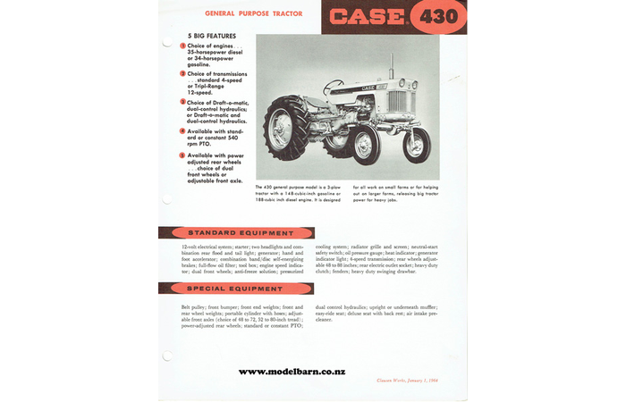 Case 430 Rowcrop Tractor Spec Sheet Brochure 1964